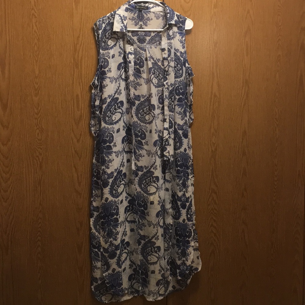 Blue and white paisley button up silk like shirt